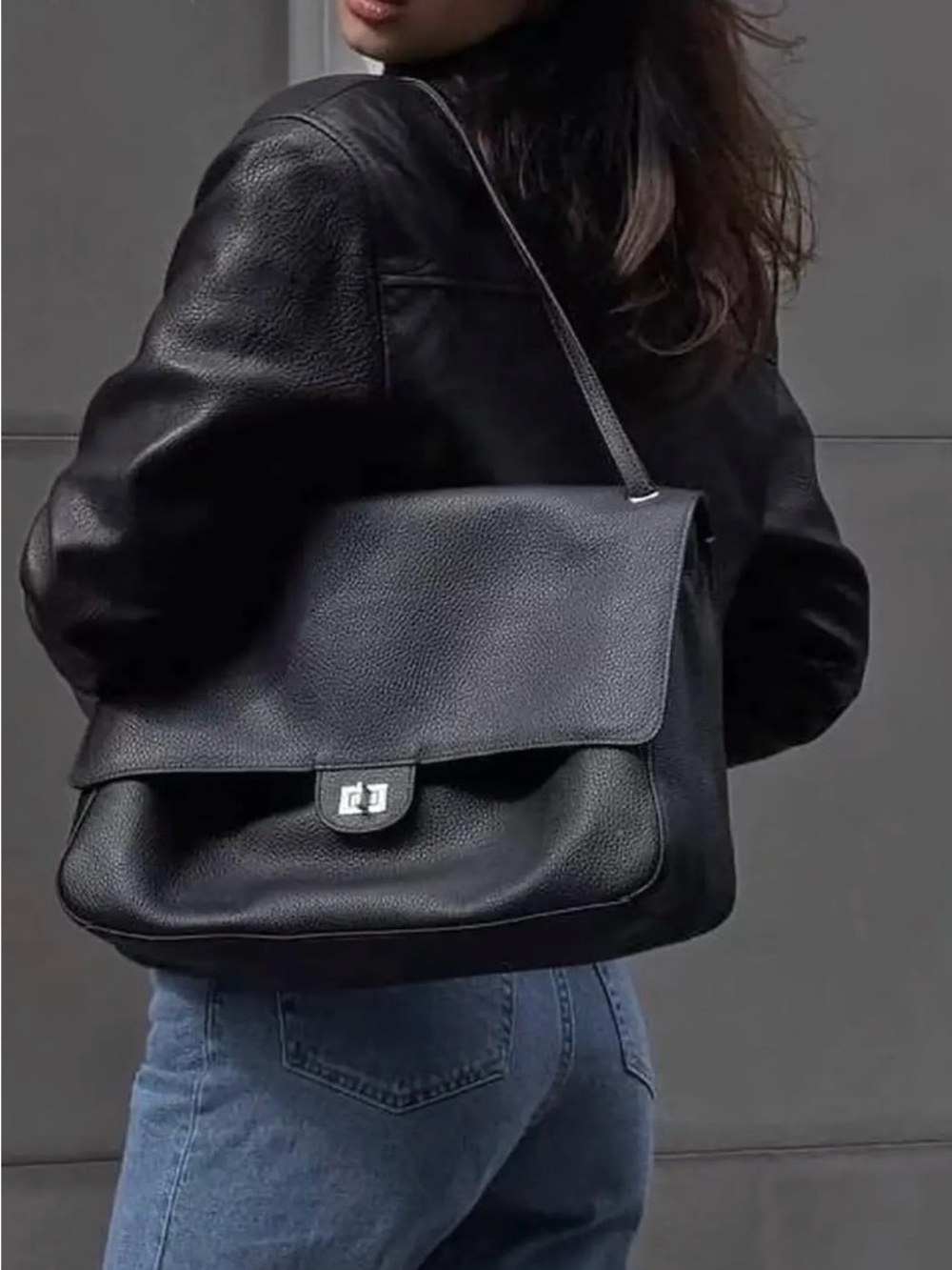 Large Leather Black Flap Bag